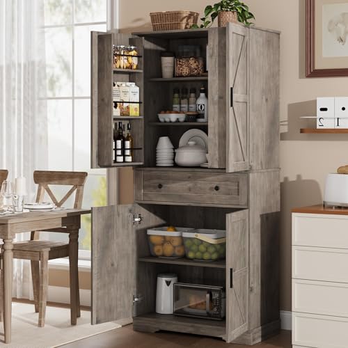 Garvee 71" Kitchen Pantry Cabinet, Barn Door Freestanding Cupboard with Drawer, Sliding Storage Rack, and 6 Hanging Shelves for Kitchen, Dining Room, Living Room Bedroom - color: Grey