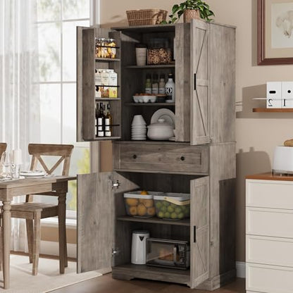 Garvee 71" Kitchen Pantry Cabinet, Barn Door Freestanding Cupboard with Drawer, Sliding Storage Rack, and 6 Hanging Shelves for Kitchen, Dining Room, Living Room Bedroom - color: Grey