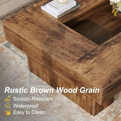 LVB Rustic Coffee Table, Large Wood Living Room Table with Storage, Modern Long Rectangle Led Center Table, Farmhouse Unique Low Wide Tea Table with LED Light for Home Office, 47.24 in, Rustic Brown - color: Rustic Brown