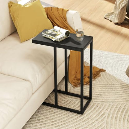Giantex C Shaped End Table, Small Side Table for Sofa, Couch Table that Slide Under with Metal Frame, Industrial TV Tray Table for Small Spaces, C Table for Living Room Bedroom (2, Black) - color: Black