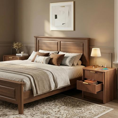 LYNCOHOME 23" Fluted Nightstand with Charging Station, 3 Drawer Bedside Table, Modern Night Stand with Curved Edge Design, Wooden End Table for Bedroom, Rounded Night Stand with Storage, Walnut, Brown - size: 15.7"D x 22.8"W x 24.2"H（3 Drawers）