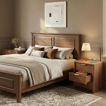 LYNCOHOME 23" Fluted Nightstand with Charging Station, 3 Drawer Bedside Table, Modern Night Stand with Curved Edge Design, Wooden End Table for Bedroom, Rounded Night Stand with Storage, Walnut, Brown - size: 15.7"D x 22.8"W x 24.2"H（3 Drawers）