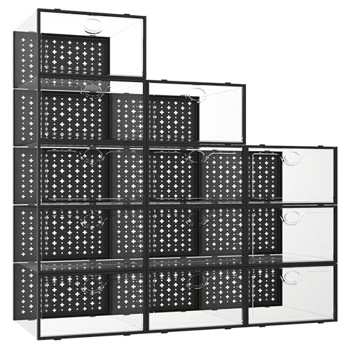 12 Pack X-Large Shoe Storage Boxes, Shoe Organizer Clear Stackable | Fit US Size 11, 6.2” Height, Shoe Dispaly Case Holder Bins Sneaker Storage for Sneakerheads, For Home and Family, Black - color: Black, size: 12 Pack
