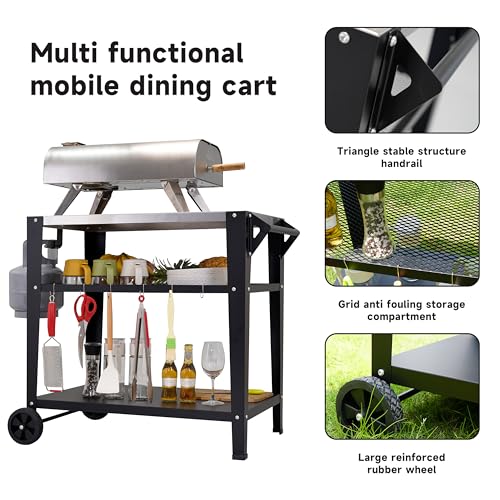 LEETOLLA Stainless Steel Outdoor Grill Cart with Wheels, Heavy-Duty 3-Tier BBQ Prep Table for Pizza Oven, Griddle, Patio – Rustproof Commercial Kitchen Cart with Tool Hooks - color: 304 Stainless Steel