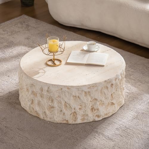 Round Coffee Table for Living Room Outdoor Faux Stone Coffee Table Amber Travertine Concrete Pattern, 31.49" Modern Faux Marble Center Tables Tea Tables, No Need Assemble, Beige - color: Faux Stone-round-31.49inch-beige-coffee