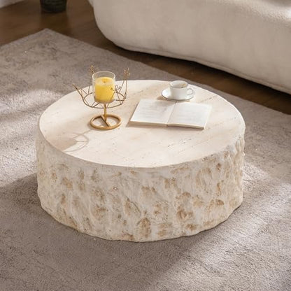 Round Coffee Table for Living Room Outdoor Faux Stone Coffee Table Amber Travertine Concrete Pattern, 31.49" Modern Faux Marble Center Tables Tea Tables, No Need Assemble, Beige - color: Faux Stone-round-31.49inch-beige-coffee