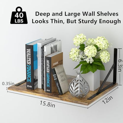 Deep Floating Wall Shelves - 4 Sets of 12 Inch Wide Rustic Brown Wood Shelves for Bathroom, Bedroom, Kitchen, Living Room - color: Rustic Brown Shelves