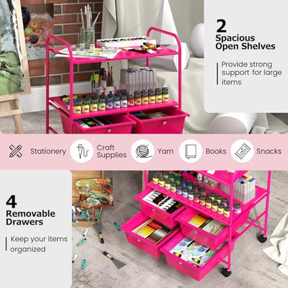 RELAX4LIFE Rolling Storage Cart with 4 Drawers - Utility Cart on Wheels w/2 Shelves & Metal Frame, Paper Scrapbook File Organizer for Home Office School Classroom, Movable Art Craft Cart (Pink) - color: Pink