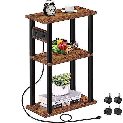 TUTOTAK Small Narrow Side Table with Charging Station, Skinny End Table | for Small Spaces, Slim Nightstand with USB Ports and Outlet, Sofa Beside Table with Wheels, Brown TB01BB046 - color: Brown, size: 1 PC, style: With Plug