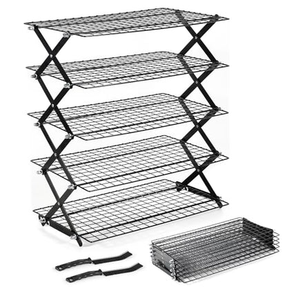 5 Tier Upgraded Collapsible Cooling Rack with Adjustable 3 Setting Design, Stackable Baking Rack with Clean Brush, Roasting Cooking Drying Wire Cooling Rack for Cookies Baking Roasting ＆ Grilling - color: Black