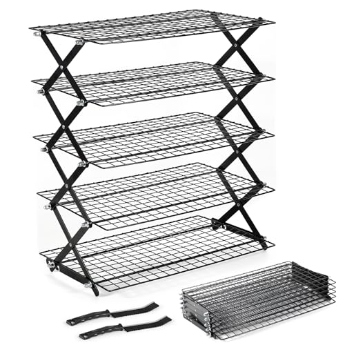 5 Tier Upgraded Collapsible Cooling Rack with Adjustable 3 Setting Design, Stackable Baking Rack with Clean Brush, Roasting Cooking Drying Wire Cooling Rack for Cookies Baking Roasting ＆ Grilling - color: Black