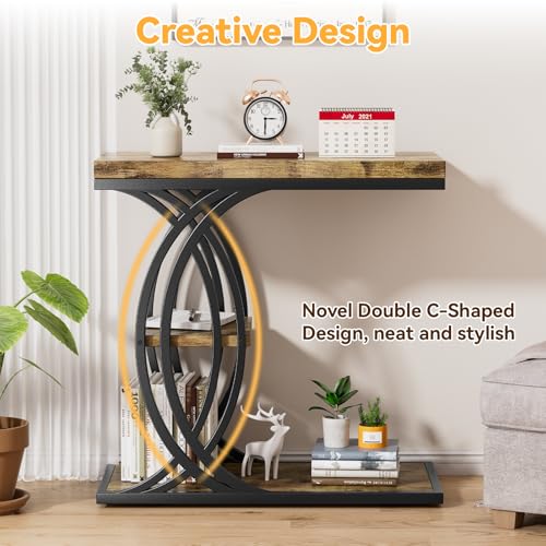 C Shaped End Table, Bed Side Table, 3-Tier Side Table with Metal Frame, Wood End Table with Storage for Living Room, Couch, Sofa, Bedroom, Easy Assembly, 23.6" D*11.8" W*23.6" H, Rustic Brown