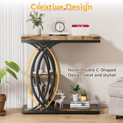 C Shaped End Table, Bed Side Table, 3-Tier Side Table with Metal Frame, Wood End Table with Storage for Living Room, Couch, Sofa, Bedroom, Easy Assembly, 23.6" D*11.8" W*23.6" H, Rustic Brown