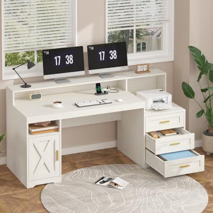 TVU 65" White Computer Desk with Drawers and Printer Stand for Home Office | Office Desk with Power Outlets and Storage Cabinet, Study Writing Desks with Long Monitor Stand - color: White