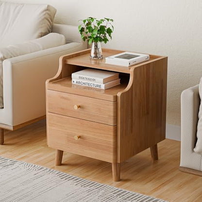 Nightstand with Drawers, Pre-Assembled, 19.7" H Natural Solid Wood Night Stand with Open Sliding Shelf, Mid Century Modern Small Bedside Table Cabinet for Bedroom, Natural Oak 16" - color: Oak, size: 16"