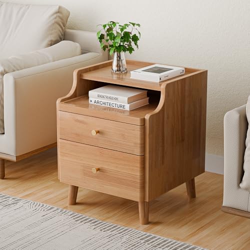Nightstand with Drawers, Pre-Assembled, 19.7" H Natural Solid Wood Night Stand with Open Sliding Shelf, Mid Century Modern Small Bedside Table Cabinet for Bedroom, Natural Oak 16" - color: Oak, size: 16"