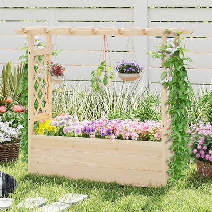 Giantex Raised Garden Bed with Sided Trellis & Hanging Roof, Wood Planter Box, Freestanding Garden Planter Raised Bed for Flowers Herbs Climbing Vines 45”x16”x41” (L x W x H) - color: Natural, size: 45”x16”x41”