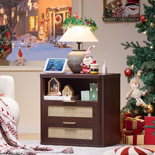 LEYAOYAO Rattan 23" Nightstands with Charger Station 2 Drawers | Gold Metal Handle, Open Shlef Storage, Boho Night Stand, Bedside Table Dresser for Bedroom, Living Room Hallway - color: Retro Walnut, size: 15.5"D x 23"W x 24.2"H (2 Drawers)