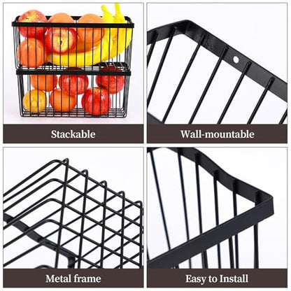 2 Pcs Fruit Basket Wire Baskets, Fruit and Veggie Storage Basket Holder for Kitchen Wall Mounted,Kitchen Organizers and Storage for Snack Onion Potato(Black)