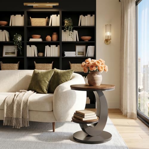 Tribesigns Round End Table with 2-Tier Shelf Storage,C Shaped Wood Side Table for Couch with Metal Frame,Modern Nightstand Accent Table for Living Room,Bedroom,Small Space (Brown) - color: Brown
