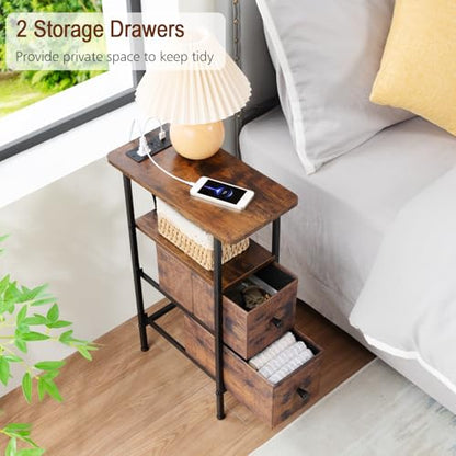 LOAKEKEL Narrow Nightstand with Charging Station, End Tables Living Room Set of 2, Skinny Side Table with Fabric Drawers, Slim Sofa Table for Bedroom, Small Spaces, Couch, Rustic Brown, HETNDP02PBR - color: Rustic Brown, style: Power