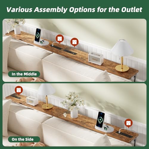 Simple Trending 78.75 Inch Narrow Console Table with 2 Charging Station, Behind Couch Table Set of 2, Sofa Table Adjustable Height, Long Entryway Tables for Living Room, Rustic Brown