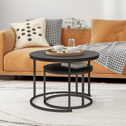 HOJINLINERO Round Nesting Coffee Table Set of 2,Wood Cocktail Table,Black | Center Table for Living Room,Small Apartment,Small Space,Side Tables,Easy Assembly,Sturdy Metal Frame Wooden Tabletop,Large - color: Black, size: Large