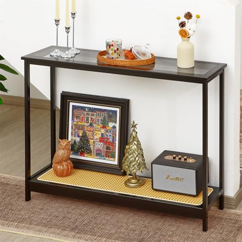 Bamboo Narrow Console Table, 39.4"(L) Wood Small Entryway Table with Rattan and Glass, Accent Slim Hallway Tables, Thin Sofa Side Tables for Hallway, Living Room, Bedroom, Foyer, Black - color: Black 39.4"(l)