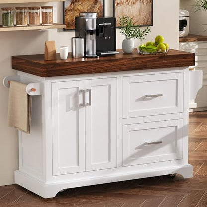 53" Large Kitchen Island with Ultra-Thick 3.5" Countertop, Heavy-Duty Rolling Storage Cart on 5 Wheels, 2 Extra-Large Drawers, Adjustable Cabinet Shelf, for Kitchen, White - color: White
