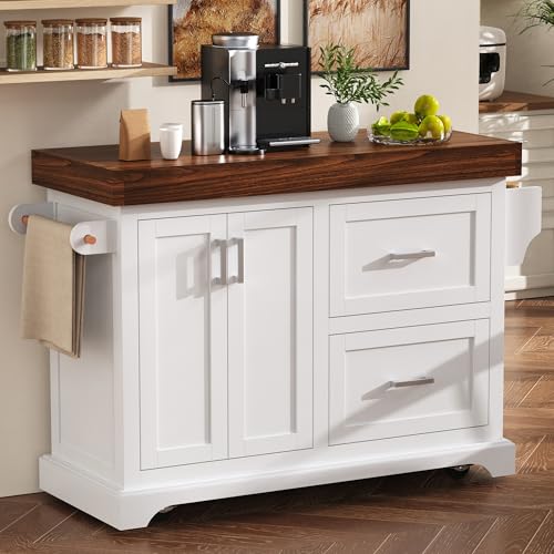 53" Large Kitchen Island with Ultra-Thick 3.5" Countertop, Heavy-Duty Rolling Storage Cart on 5 Wheels, 2 Extra-Large Drawers, Adjustable Cabinet Shelf, for Kitchen, White - color: White