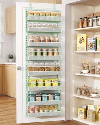SNTD 8 Tiers Over the Door Organizer - Height Adjustable Pantry Organizers and Storage with Dense Mesh Baskets, Anti-Swing Hanging Door Spice Rack for Kitchen Bathroom (Green, 17" W x 6" D x 69" H) - color: Green, size: 17" W x 6" D x 69" H