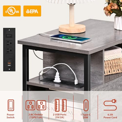 Livofloral Side Table, Gray End Tables with Charging Station, Narrow End Table with Wooden Drawers, USB Ports and Power Outlets, Nightstand and Bedside Table, Side Table Living Room, Bedroom - color: Light Gray