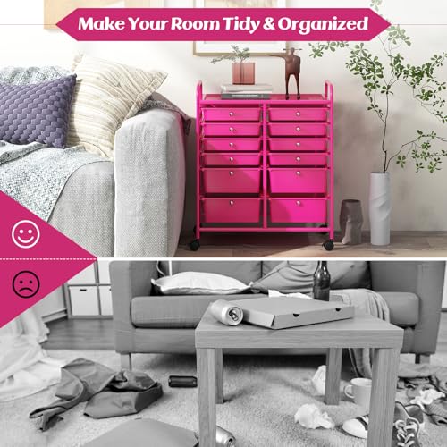 Moccha 12-Drawer Rolling Storage Cart - Utility Cart on Wheels with Lockable Casters for Craft Art Supply Paper Salon, Mobile Drawer Carts for Classroom Teacher School Office (Hot Pink) - color: Hot Pink, style: 12 Drawers