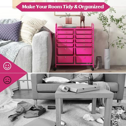 Moccha 12-Drawer Rolling Storage Cart - Utility Cart on Wheels with Lockable Casters for Craft Art Supply Paper Salon, Mobile Drawer Carts for Classroom Teacher School Office (Hot Pink) - color: Hot Pink, style: 12 Drawers