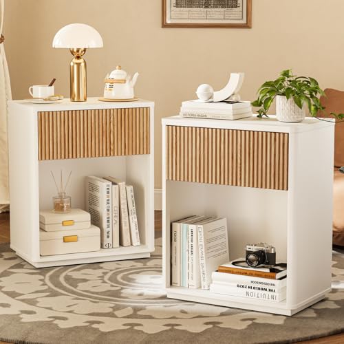 Modern Fluted Nightstand Set of 2 for Bedroom, Mid Century Bedside Table with Drawer & Open Shelf, Wood End Table, Farmhouse Night Stand for Home, Hallway, Office, White - color: White