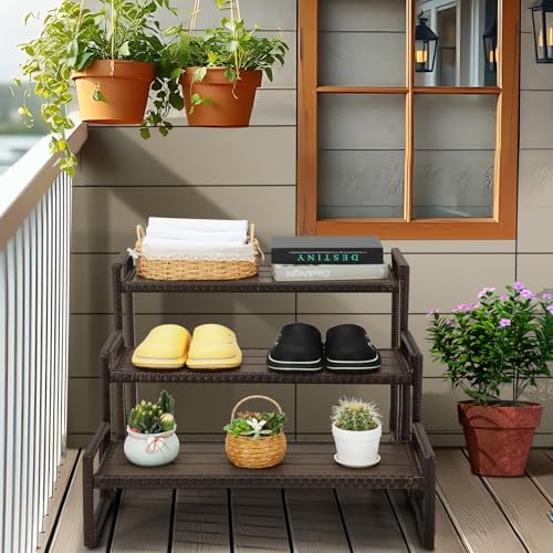 Outdoor Plant Stand 3 Tier Shelf for Patio Flower Pot Planter Stand Holder with Wicker Poly Lumber Shelves Multiple Tall Tiered Plant Display Rack with Adjustable Feet Heavy Duty Stackable Brown