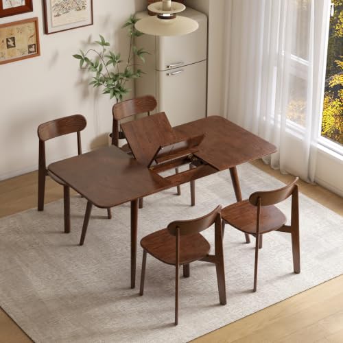 47’’-63’’ 100% Oak Extendable Dining Table and Chairs Set of 4, Solid Wood Folding Kitchen Table, Mid Century Modern Dinner Table for Kitchen, Apartment, Living Room (Walnut, 63''+4Chairs-HSA) - color: Walnut, size: 63''+4Chairs-HSA