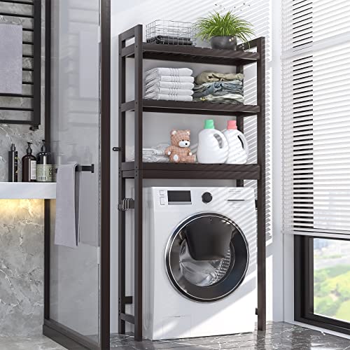 Homykic Over The Toilet Storage, Bamboo 3-Tier Over-The-Toilet Space Saver Organizer Rack, Stable Freestanding Above Toilet Stand with 3 Hooks for Bathroom, Restroom, Laundry, Espresso - color: Espresso