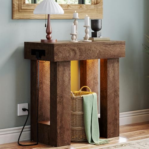 Unikito 32" Entry Table with Power Outlet & Sensor Light, Rustic Oak | Narrow Wooden Foyer Table with Open Storage, Modern Farmhouse Console Table, Versatile for Entrance/Hallway/Living Room - color: Rustic Oak, size: 32IN
