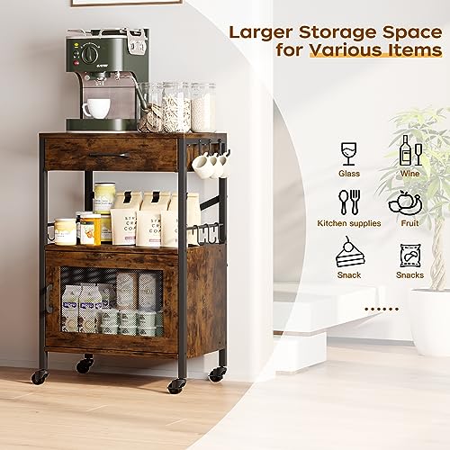 Homeiju Kitchen Island Cart, Kitchen Storage Cart with Drawer, Microwaves Stand, Coffee Cart, Rolling Kitchen Cabinet Cart with Hooks for Kitchen, Dining Room - color: Black and Brown