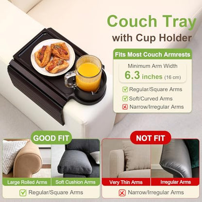 Couch Cup Holder Tray - 3 in 1 Couch Arm Table with 360° Rotating Phone Holder, Foldable Sofa Arm Tray for Drink Table, Snacks Table,Hold Cellphone Remote or Books - color: Walnut