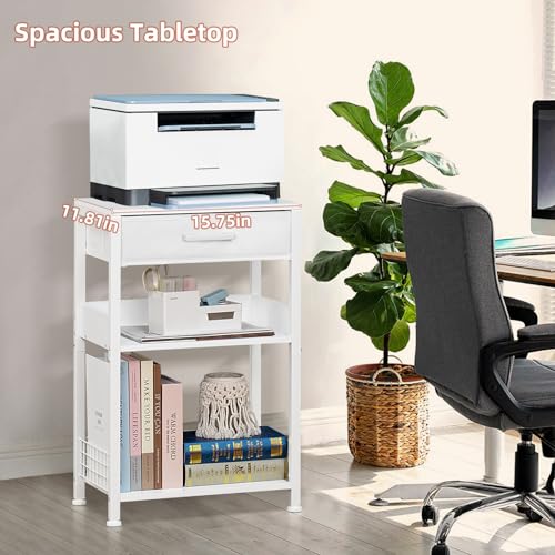 Lerliuo White Printer Stand with Fabric Drawer, 3 Tier Industrial Side Table, Modern Small Printer Desk Holder with Storage Shelf,Multi-Functional Bedside Tables for Home Office Fax Machine Scanner - color: White