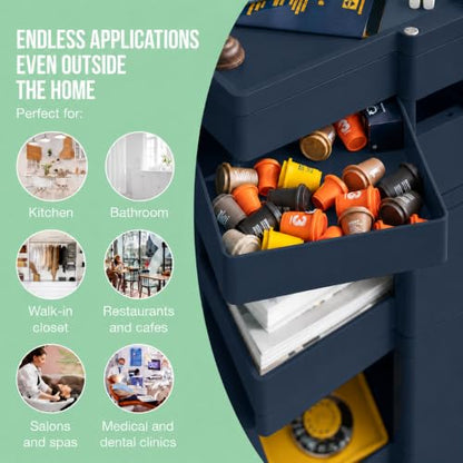 Rolling All-in-1 Utility Cart w Drawers for Arts and Craft + Designer Homes | 4 Swing-out Drawers + Open Shelves + Rolling Wheels For Kitchens, Salons, Home Offices, Hot Pot + Kids Rooms Dark Navy Blue - color: Navy Blue