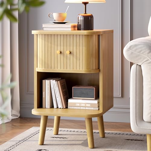 Decofy Fluted Nightstand, Mid Century Modern Bedside Table with Charging Station, Walnut End Tables with Sliding Tambour Doors, Storage Cabinet and Open Shelf for Bedroom, Oak - color: Oak, size: 1 Pack