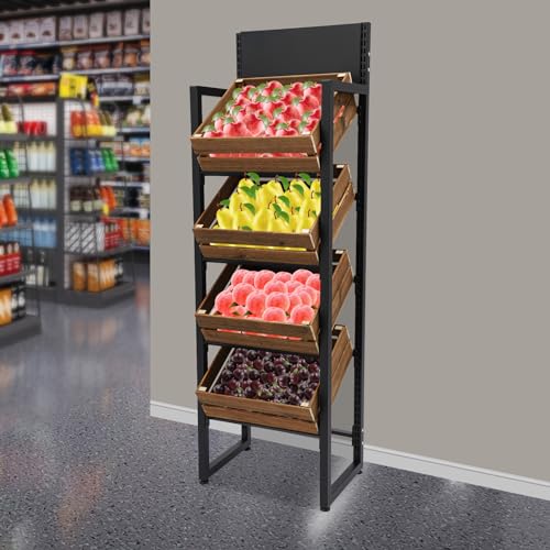 4-Tier Fruit and Vegetable Rack, Wood Fruit and Vegetable Storage Rack, Heavy Duty Freestanding Produce Storage Shelf, 44 lbs per Tier for Kitchen Store