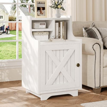 4ever2buy White Nightstand with Storage, 30" Tall Night Stand with Hutch | Farmhouse Tall Bedside Table End Table for Bedroom Living Room Sofa Office, White - color: White