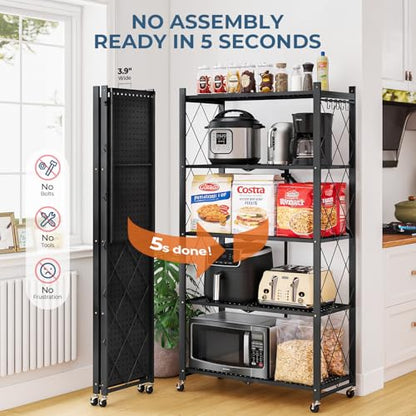 Upgraded 18% Thickened Portable 5-Tier Foldable Storage Shelves with Wheels Heavy Duty Storage Shelf Collapsible Shelves Unit Display for Garage Storage Kitchen Pantry & Closet Organizer, Matte Black