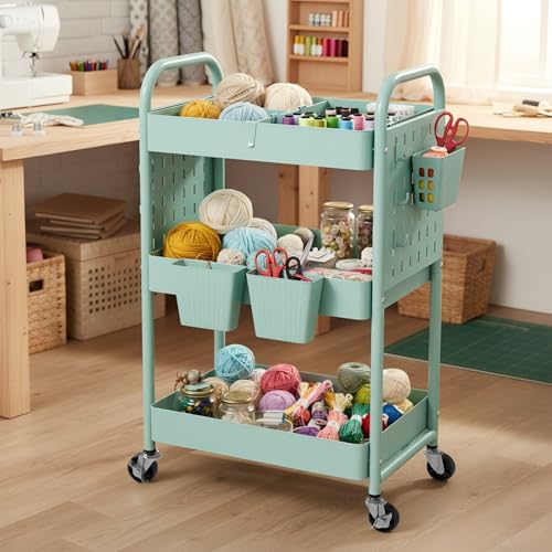 danpinera Rolling Cart, Movable Utility Organizer with Retractable Dividers & Pegboards for Kitchen, Bathroom, Office - color: Green