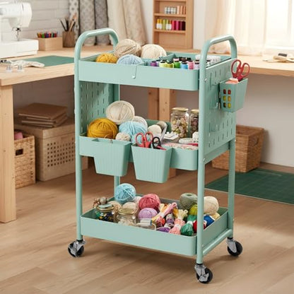 danpinera Rolling Cart, Movable Utility Organizer with Retractable Dividers & Pegboards for Kitchen, Bathroom, Office - color: Green