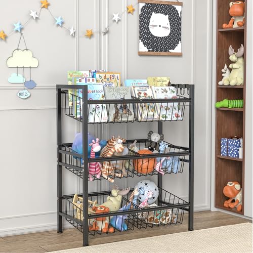 Hastatii Kitchen Storage Basket Shelf, Snack Basket Shelf, 3 Tier Fruit Vegetable Basket Stand, Metal Pantry Storage with 6 Stackable Wire Baskets, Black